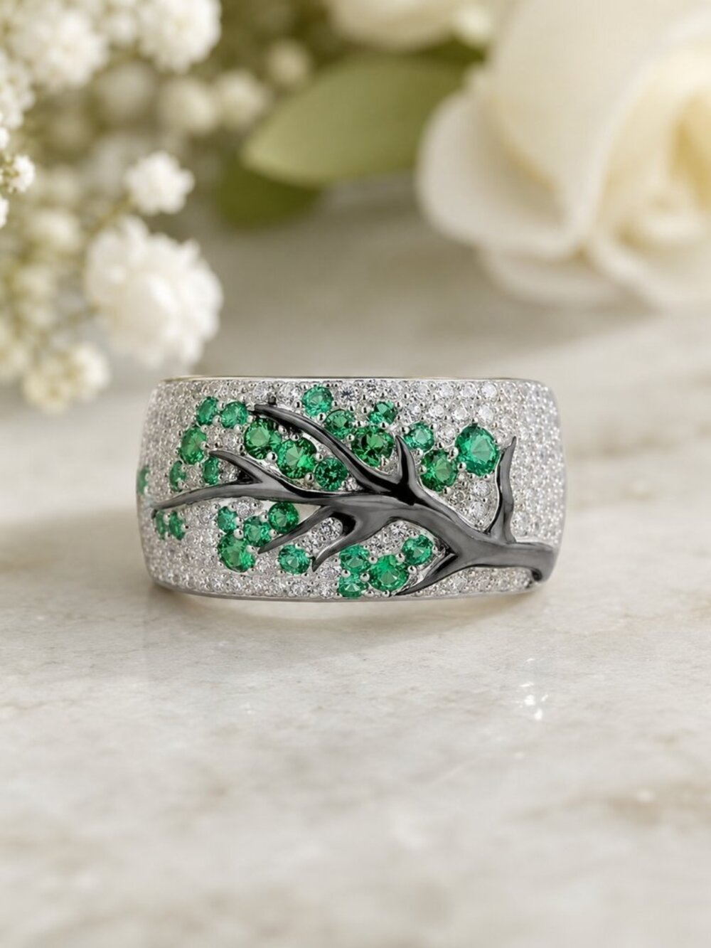 Emerald Tree of Life Silver Tone Statement Ring Size 7 NWT